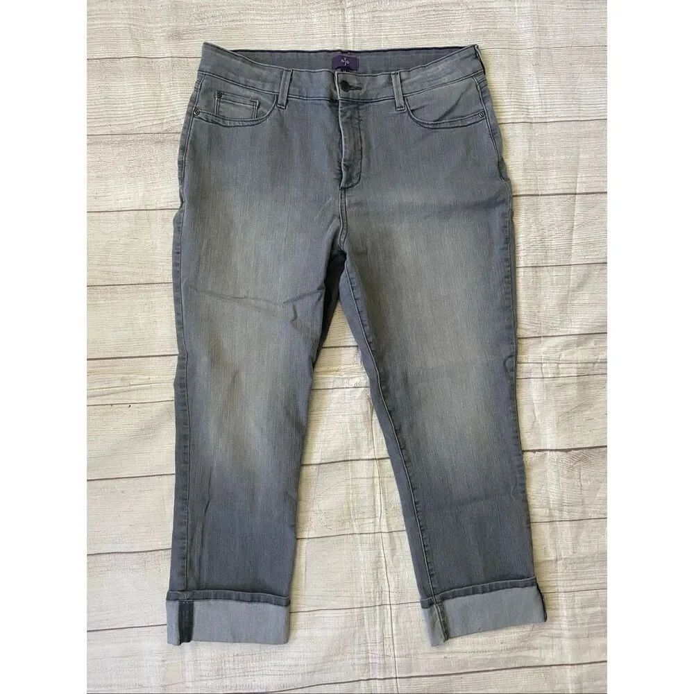 NYDJ women 14 boyfriend stretchy cotton blend cuffed capri jeans grey